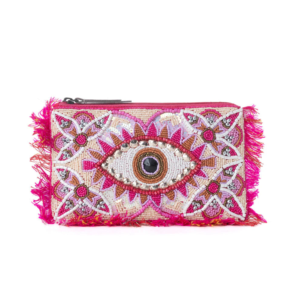MYRA EYE OF THE STORM BEADED POUCH IN PINK MIRAGE