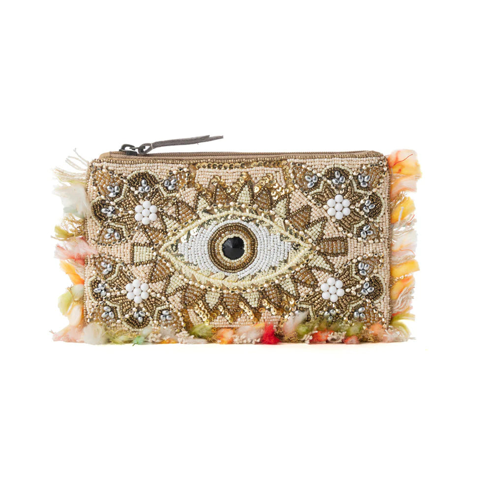 MYRA EYE OF THE STORM BEADED POUCH IN GOLD GAZE