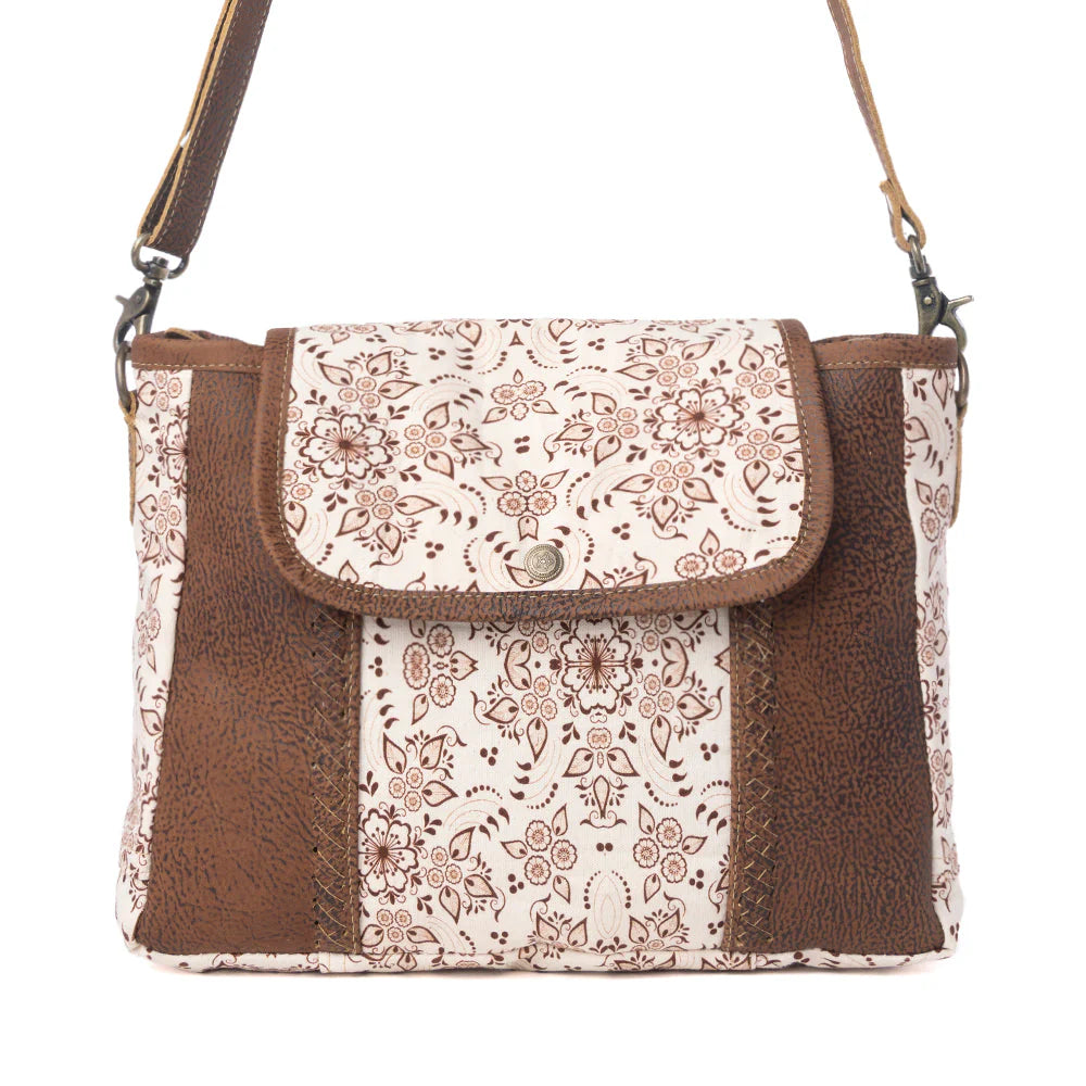MYRA OAKLINE COTTON & LEATHER SHOULDER BAG IN MOCHA BEIGE