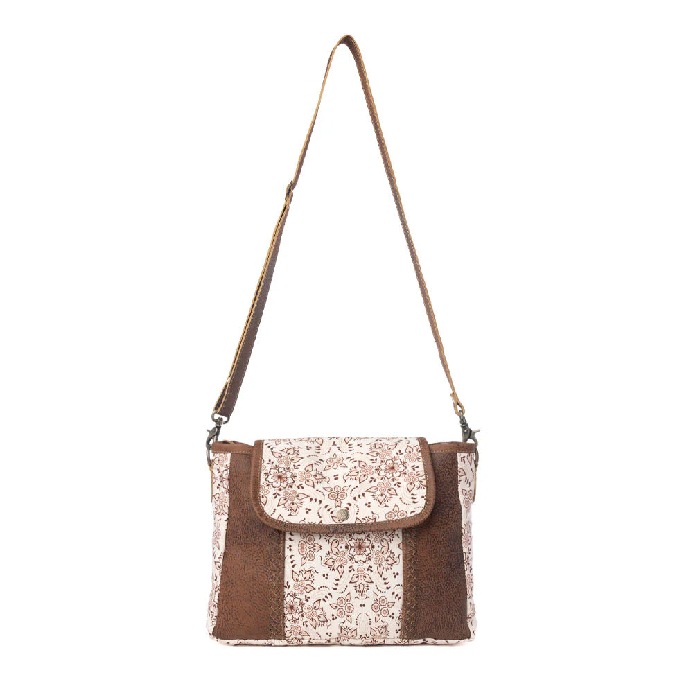 MYRA OAKLINE COTTON & LEATHER SHOULDER BAG IN MOCHA BEIGE