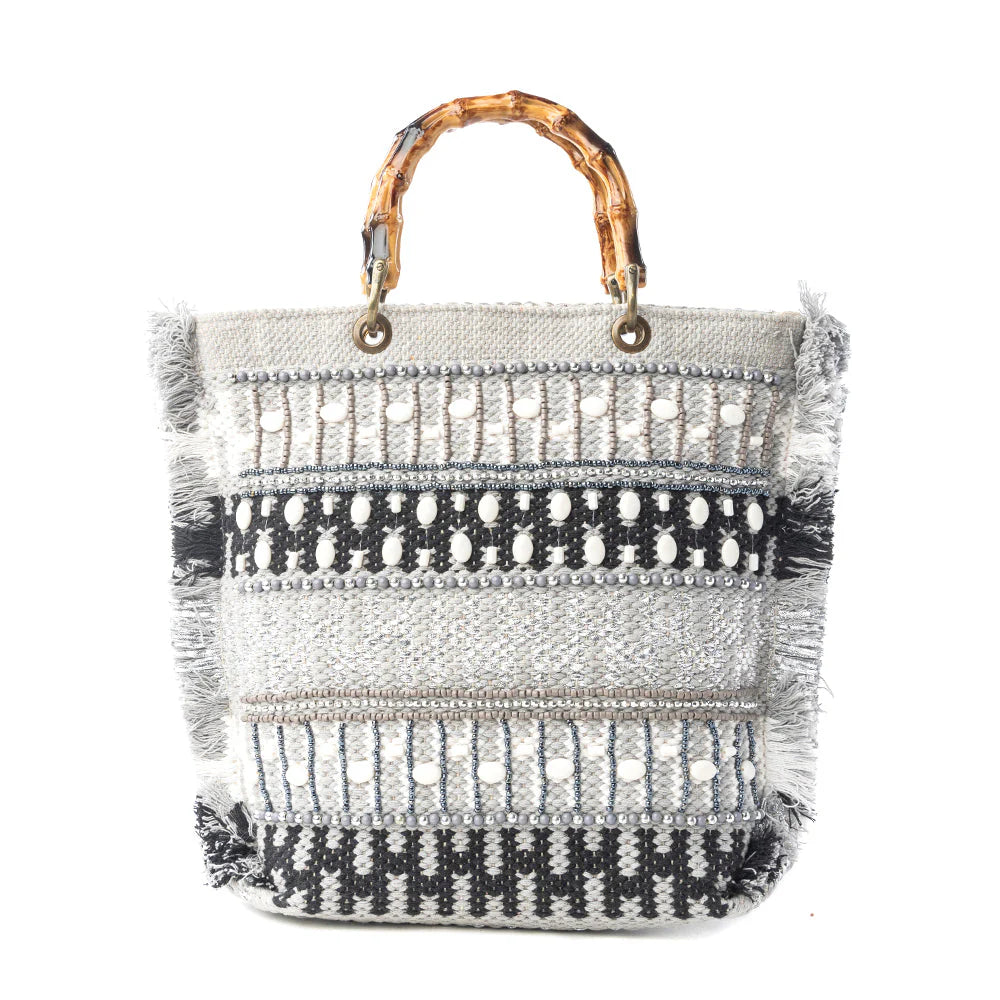 MYRA TUNDRA TRAIL HAND EMBROIDERED TOTE BAG IN SILVER DUNE