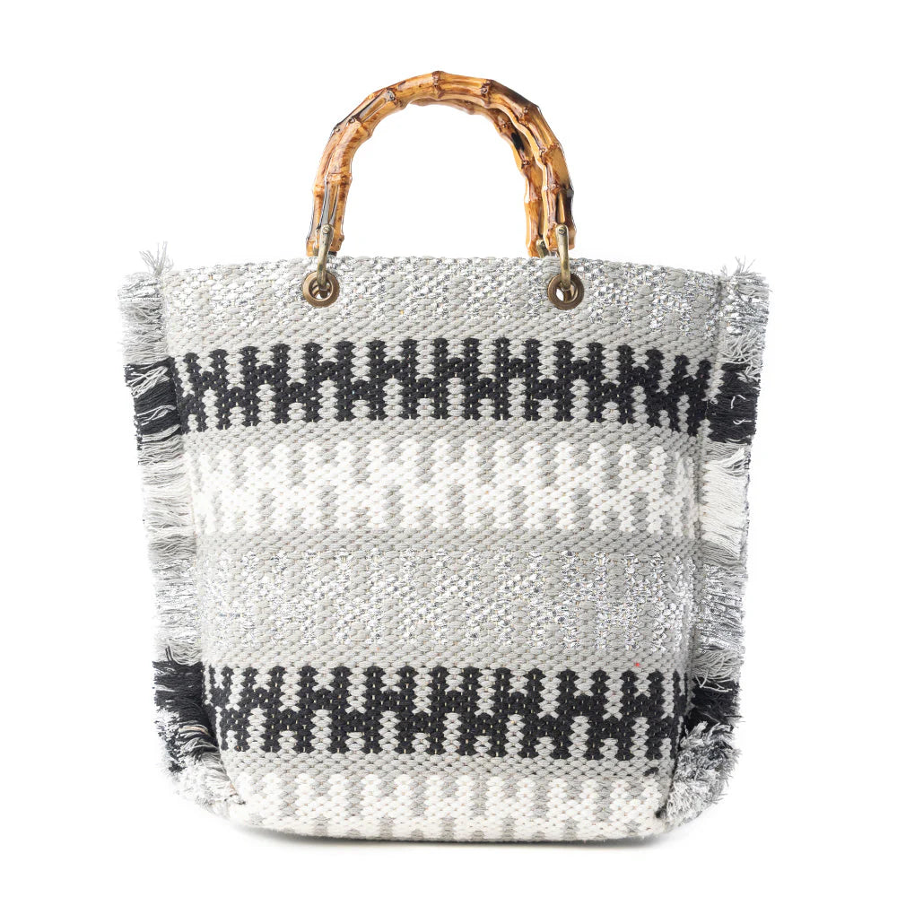 MYRA TUNDRA TRAIL HAND EMBROIDERED TOTE BAG IN SILVER DUNE